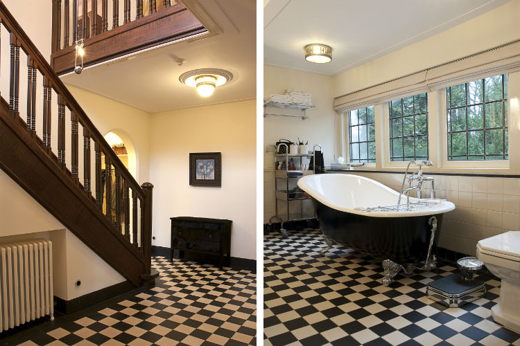 Gerenoveerde hal met volledige nieuwe ballustrade - In oude staat herstelde badkamer voorzien van gietijzeren bad